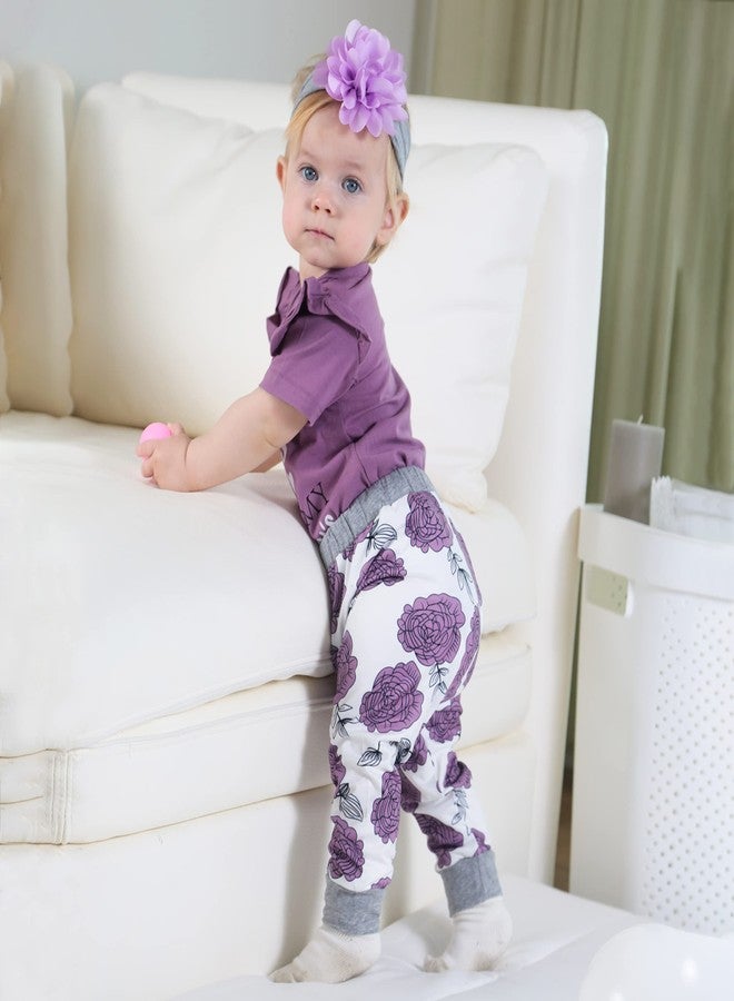 Renotemy Infant Baby Girl Outfit Summer Newborn Clothes Set Ruffle Tops Pants with Headband Cute Baby Clothes Girl 6-12 Months Purples - Image 3